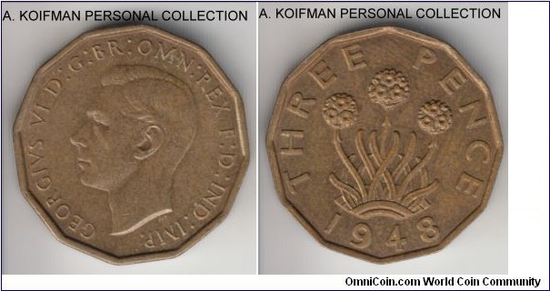 KM-849, 1948 Great Britain 3 pence; nickel-brass, 12-sided flan, plain edge; George VI, scarcer last year of the type, cabinet storage toned average uncirculated.