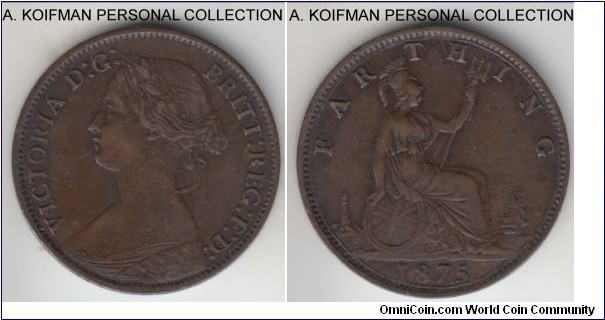 KM-753, 1875 Great Britain farthing; bronze, plain edge; decent good very fine, large date, low 5 variety (Reverse 1, Obverse B by http://aboutfarthings.co.uk).