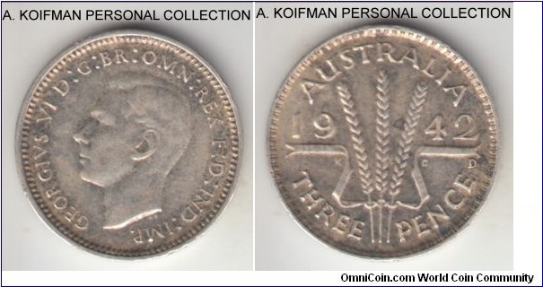KM-37, 1942 Australia 3 pence, Denver mint (D mint mark); silver, plain edge; very fine, circulated, toned very fine or so.