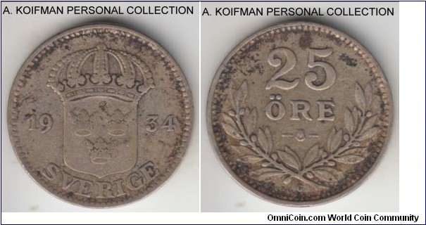 KM-785, 1934 Sweden 25 ore; silver, plain edge; circulated, fine to very fine.