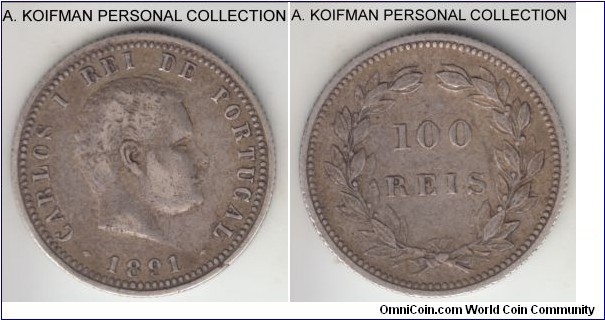 KM-531, 1891 Portugal 100 reis; silver, reeded edge; scarcer, smallest mintage of the type, decent very fine to good very fine.
