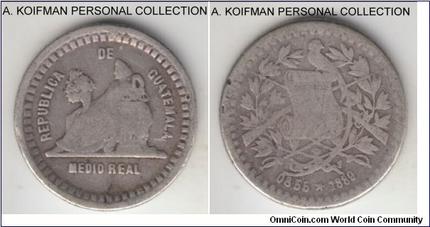 KM-155.2, 1889 Guatemala 1/2 real; silver, reeded edge; possible overdate on this tiny coin, well circulated.