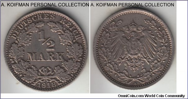 KM-17, 1918 Germany (Empire) half mark, Berlin mint (A mint mark); silver, reeded edge; good extra fine.