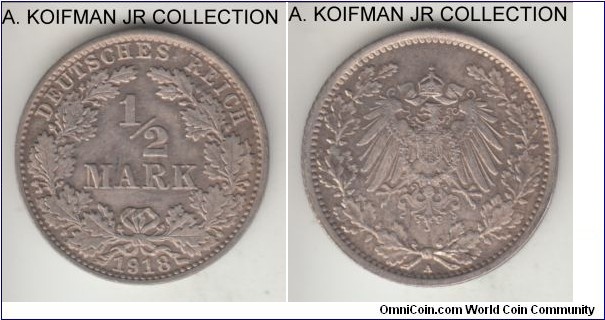 KM-17, 1918 Germany (Empire) 1/2 mark, Berlin mint (A mint mark); silver, reeded edge; late Wilhelm II imperial coinage, borderline uncirculated and slightly toned.