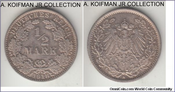 KM-17, 1918 Germany (Empire) half mark, Berlin mint (A mint mark); silver, reeded edge; good extra fine.