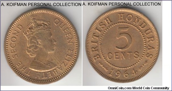 KM-31, 1964 British Honduras 5 cents; nickel-brass, plain edge; uncirculated, some toning on obverse, mintage of 100,000.