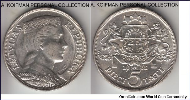 KM-9, 1932 Latvia 5 lati; silver, lettered edge; last and scarcest of the 3 years this type was minted, almost uncirculated, few bagmarks and some cheek contact marks keep it from true uncirculated.