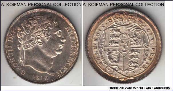 KM-665, 1816 Great Britain 6 pence; silver, reeded edge; very nicely toned high grade uncirculated, almost as minted.