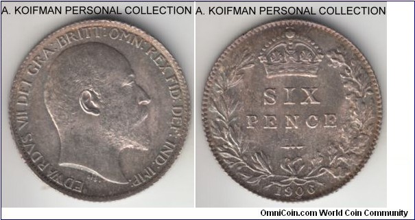 KM-799, 1906 Great Britain 6 pence; silver, reeded edge; short Edward VII series, nice lustrous uncirculated.