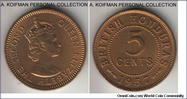 KM-31,1957 British Honduras 5 cents; nickel-brass, plain edge; bright red uncirculated, typically small mintage of 100,000.