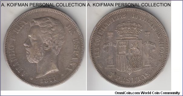 KM-666, 1871(71) Spain 5 pesetas, Madrid mint (6 point star mint mark); silver, lettered edge; good very fine or better, usual wear and toning, a tiny edge knock on reverse.