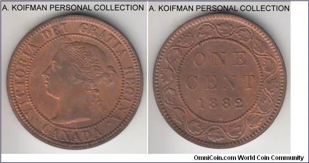 KM-7, 1882 Canada cent, Heaton mint (H mint mark); bronze, plain edge; red brown uncirculated, good grade even if toning is a little dull.
