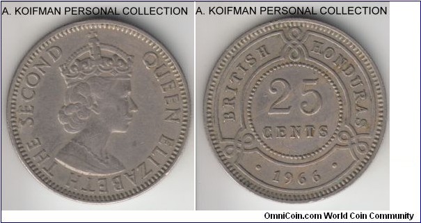 KM-29, 1966 British Honduras 25 cents; copper-nickel, reeded edge; small mintage of 75,000, good very fine to about extra fine.