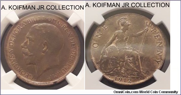 KM-810, 1912 Great Britain penny, Heaton mint (H mint mark); bronze, plain edge; George V, mostly brown uncirculated, NGC graded MS 63 BN.