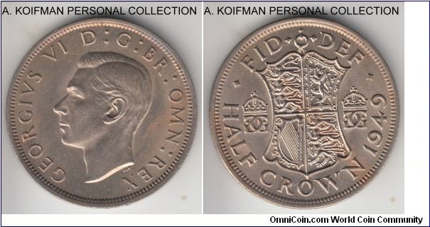 KM-879, 1949 Great Britain half crown; copper-nickel, reeded edge; interestingly silver toned about uncirculated, these post war coppeer-nickel issues are scarce in high grade.