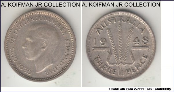 KM-37a, 1948 Australia 3 pence; Melbourne mitn (no mint mark); silver, plain edge; second and most common of the 2 year type, good very fine for details despite weak strike of low relief obverse design.
