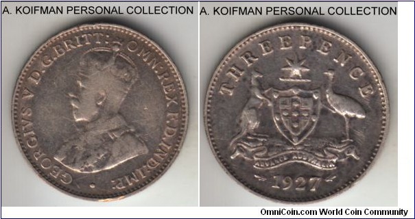 KM-24, 1927 Australia 3 pence, Melbourne mint (no mint mark); silver, plain edge; fine or so.