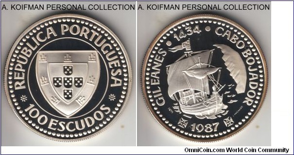 KM-639a, 1987 Portugal 100 escudos; proof, silver, reeded edge; proof version of the commemorative Gil Eanes from the Golden Age of Portuguese Discoveries series, mintage 22,000 in proof, nice cameo full proof surfaces.