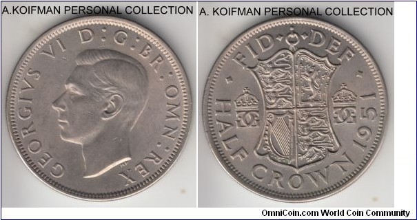 KM-879, 1951 Great Britain half crown; copper-nickel, reeded edge; average uncirculated or almost with few bag marks, this type is not common in high grades.