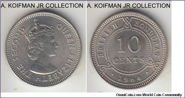 KM-32, 1964 British Honduras 10 cents; copper-nickel, reeded edge; Elizabeth II, better choice uncirculated grade, mintage of 60,000.