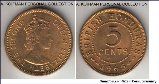 KM-31, 1965 British Honduras 5 cents; nickel-brass, plain edge; mostly uncirculated with just a touch of toning starting on the obverse.