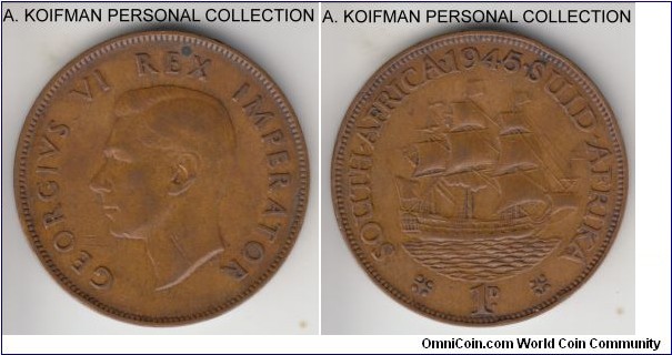 KM-25, 1945 South Africa (Dominion) penny; bronze, plain edge; average circulated.