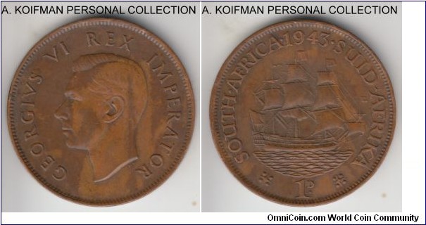 KM-25, 1945 South Africa (Dominion) penny; bronze, plain edge; average circulated.