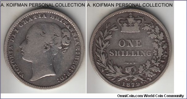 KM-734.2, 1879 Great Britain shilling; silver, reeded edge; die number 5, last year of the type where die numbers were shown minted on reverse, good or so. 