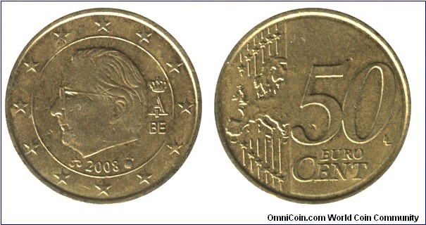 Belgium, 50 cents, 2008, Cu-Al-Zn-Sn, 24.25mm, 7.8g, King Albert II.