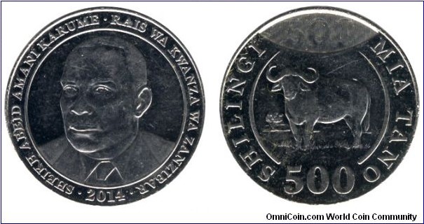 Tanzania, 500 shilings, 2014, Ni-Steel, 27.5mm, 9.5g, Sheikh Abeid Amani Karume, the first president of Zanzibar, Cape buffalo, 