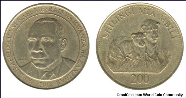 Tanzania, 200 shiligs, 2014, Cu-Ni-Zn, 8g, Sheikh Abeid Amani Karume, the first president of Zanzibar, two lions.