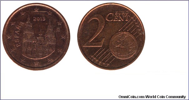 Spain, 2 cents, 2013, Cu-Steel, 18.75mm, 3.06g, Cathedral of Santiago de Compostela.