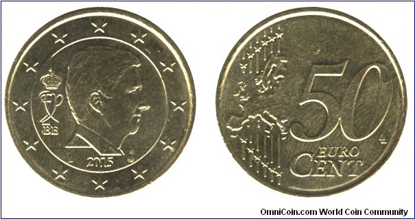 Belgium, 50 cents, 2015, Cu-Al-Zn-Sn, 24.25mm, 7.8g, King Philip.