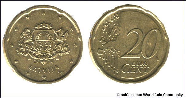 Latvia, 20 cents, 2014, Cu-Al-Zn-Sn, 22.25mm, 5.74g, Coat of Arms.