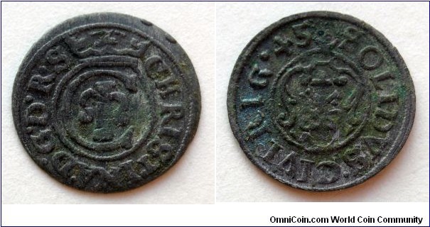 Swedish Livonia (Swedish occupation of Riga) 1 solidus 1645, Christina. Ag.     