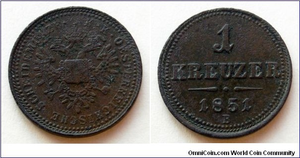 Austria 1 kreuzer.
1851, B - Kremnica Mint.