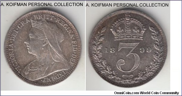 KM-777, Great Britain 3 pence; silver, plain edge; mature head type, late Victoria, toned uncirculated.