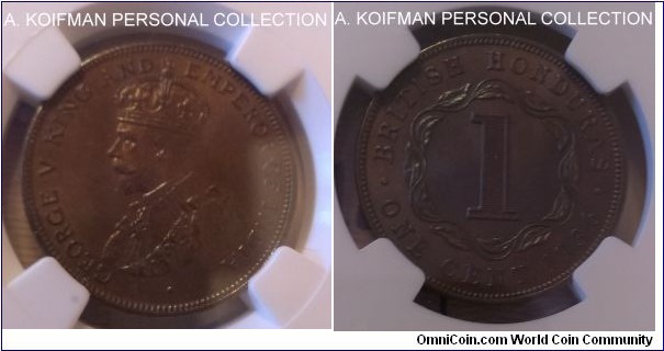 KM-19, 1936 British Honduras cent; bronze, plain edge; gem uncirculated, NGC graded MS 65 BN, typical small mintage of 40,000 pieces.
