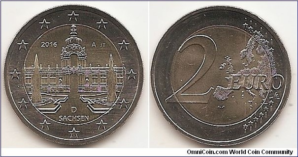 2 Euro KM#347 8.5000 g., Bi-Metallic Nickel-Brass center in Copper-Nickel ring, 25.75 mm. Subject : Saxony (‘Federal States’ (Bundesländer) series) Obv: The design  shows a view from the inner yard of the world-famous Dresden Zwinger to the Crown Gate. The inner part also features the name ‘SACHSEN’ and the issuing country’s country code ‘D’ at the bottom, the mint mark of the respective mint (‘A’, ‘D’, ‘F’, ‘G’ or ‘J’) as well as the engraver’s mark (the initials ‘JT’ — Jordi Truxa) right at the top and the year ‘2016’ left at the top. The coin’s outer ring bears the 12 stars of the European Union. Rev: 2 on the left-hand side, six straight lines run vertically between the lower and upper right-hand side of the face, 12 stars are superimposed on these lines, one just before the two ends of each line, superimposed on the mid - and upper section of these lines; the European continent ( extended ) is represented on the right-hand side of the face; the right-hand part of the representation is superimposed on the mid-section of the lines; the word ‘EURO’ is superimposed horizontally across the middle of the right-hand side of the face. Under the ‘O’ of EURO, the initials ‘LL’ of the engraver appear near the right-hand edge of the coin. Edge: EINIGKEIT UND RECHT UND FREIHEIT, fine milled. Obv. designer: Jordi Truxa Rev. designer: Luc Luycx