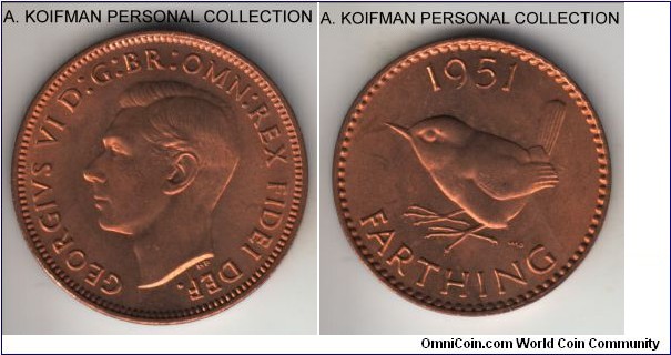 KM-867, 1951 Great Britain farthing; bronze, plain edge; nice higher grade red uncirculated.