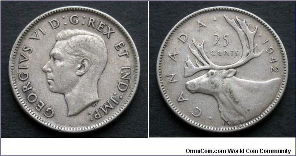 Canada 25 cents.
1942, Ag 800.