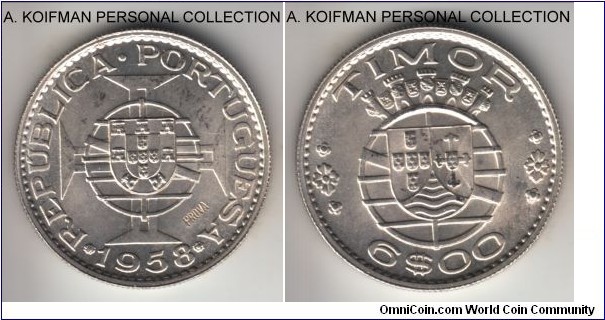 Unlisted in Krause, 1958 Portuguese Timor (Colony) 6 escudos; prova, silver, reeded edge; scarce essai issue of the KM-15, PROVA incuse in obverse, uncirculated with bright reverse and some toning on obverse.