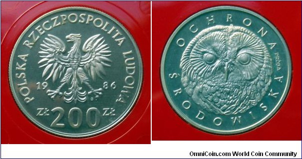 Poland 200 złotych.
1986, Environmental protection - Owl.
Cu-ni. Próba (Pattern, Trial Strike)