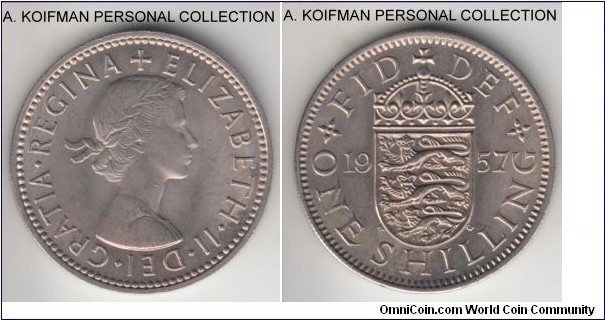 KM-904, 1957 Great Britain shilling, English crest; copper-nickel, reeded edge; earlier Elizabeth II, average uncirculated.