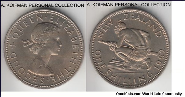 KM-27.2, 1962 New Zealand shilling; copper-nickel, reeded edge; common year but nice high grade uncirculated.