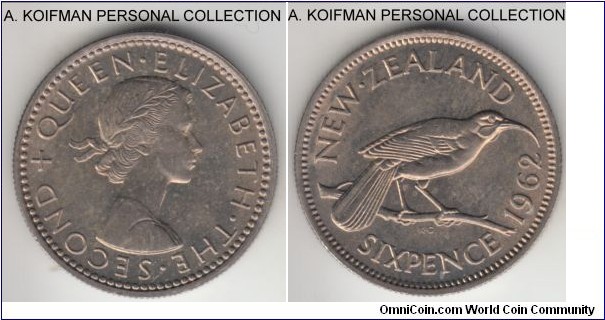 KM-26.2, 1962 New Zealand 6 pence; copper-nickel, reeded edge; high grade uncirculated but toned.
