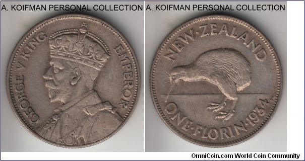 KM-4, 1934 New Zealand florin; silver, reeded edge; decent good very fine, naturally toned.