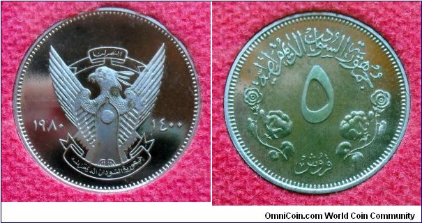 Sudan 5 qirsh from 1980 Proof set.
Royal Mint, London.