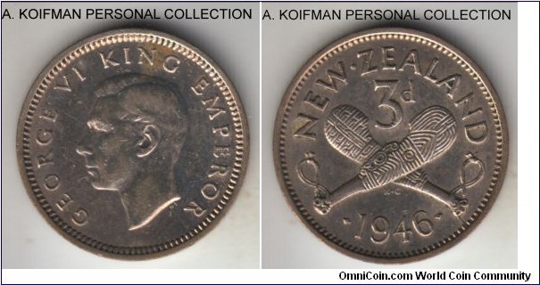 KM-7, 1946 New Zealand 3 pence; silver, plain edge; last year of the silver circulation mintage, extra fine details but cleaned.