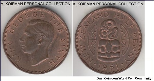 KM-20, 1951 New Zealand half penny; bronze, plain edge; nice brown about uncirculated or better.